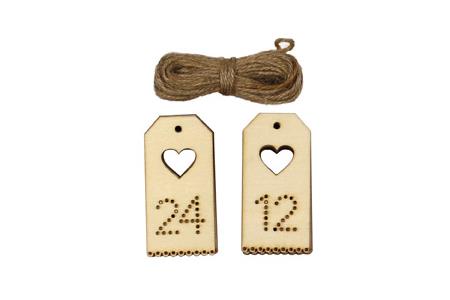 Tags bois fantaisie, cordelette jute 3.7x7.6x0.2 cm 24 pcs