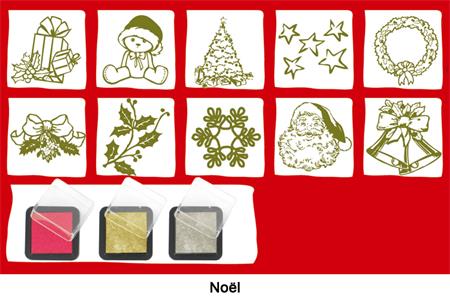 Tubo de 10 tampons "Noël Tradition" + 3 encreurs : rouge, or et argent