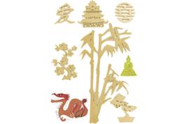 Set de 8 motifs décoratifs plats en bois médium (MDF) à décorer : Asie