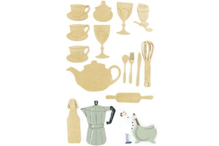 Set de 16 motifs décoratifs plats en bois médium (MDF) à décorer : Cuisine
