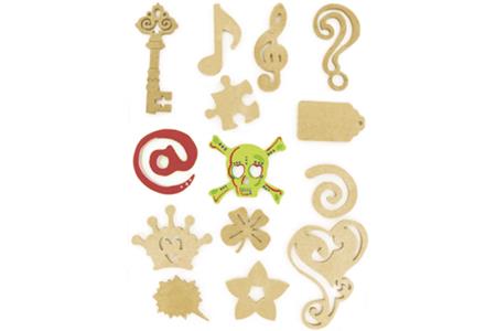 Set de 14 motifs décoratifs plats en bois médium (MDF) à décorer : Fantaisie