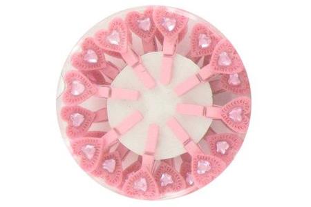 Boite 24 pinces à linge 3 cm cœur feutrine rose et strass, 1.5 cm