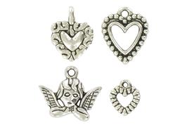 4 charms métalliques cœurs et ange environ 20 mm argent vieilli