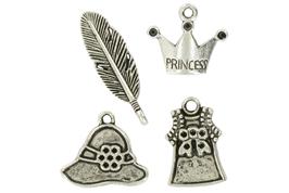 4 charms métalliques "princesses" environ 20 mm argent vieilli
