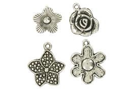 4 charms métalliques fleurs environ 20 mm argent vieilli