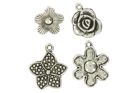 4 charms métalliques fleurs environ 20 mm argent vieilli