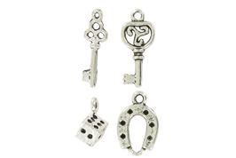 4 charms métalliques "chance" environ 20 mm argent vieilli